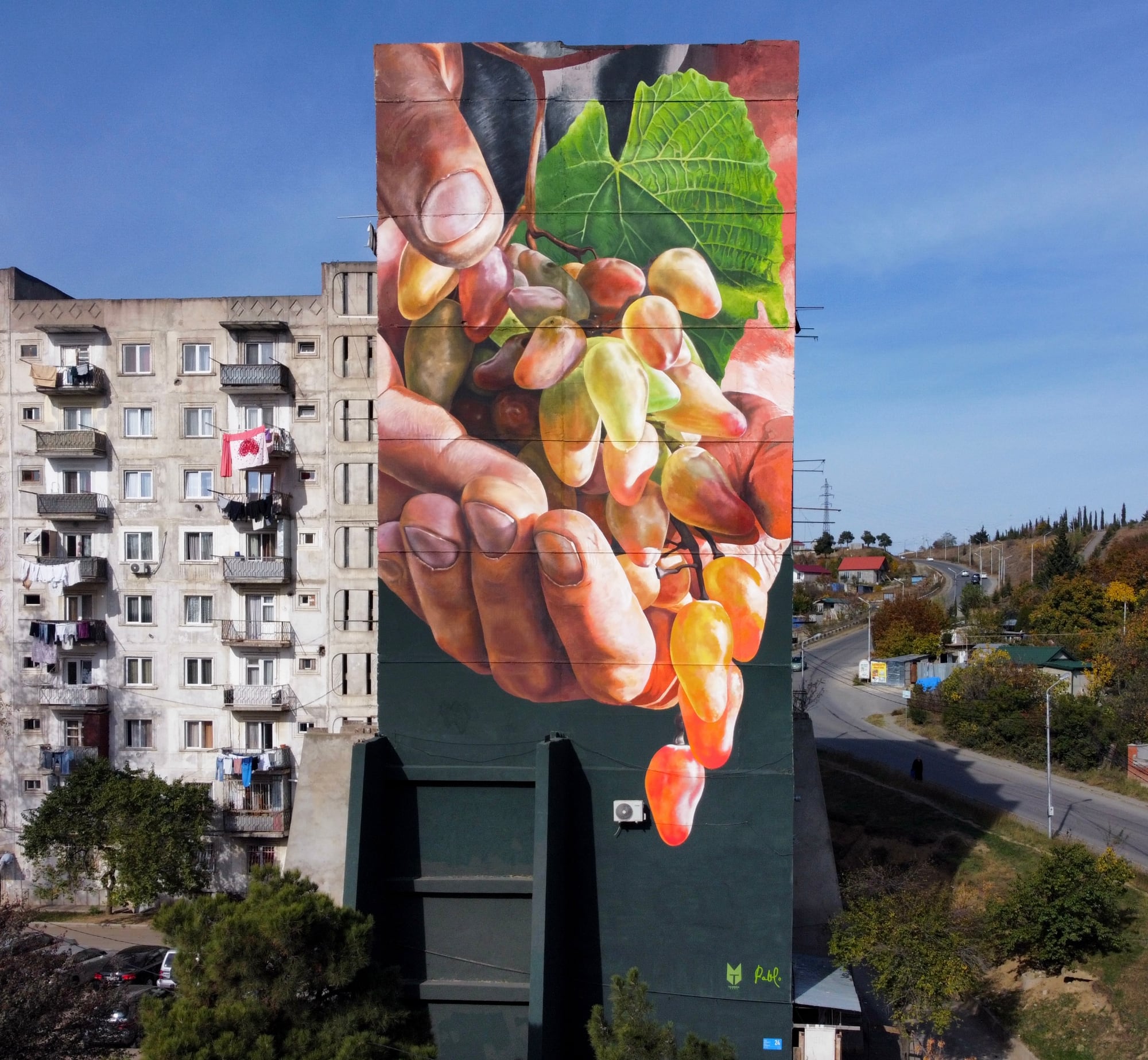 hands hold a bunch of grapes in a mural