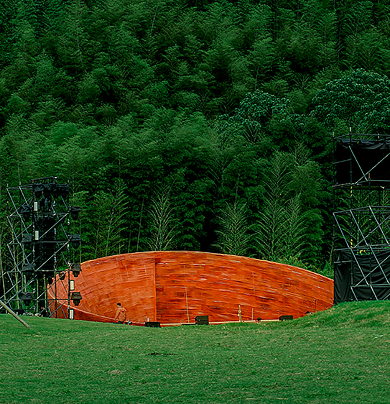 SODA architects plants bamboo stage installation amid mountains for qingshan art season