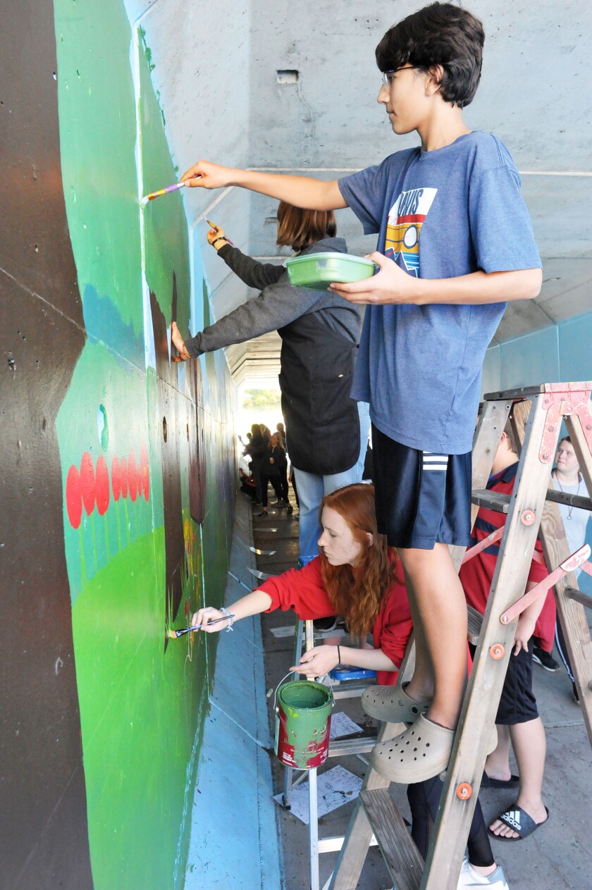 Students painting a mural