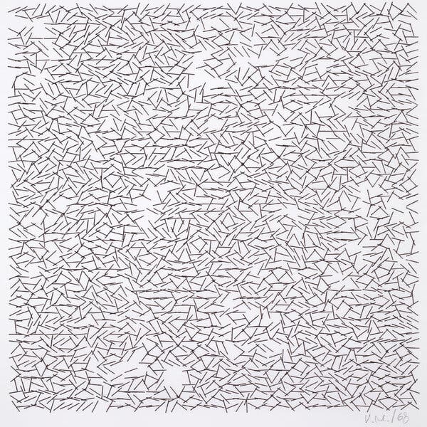 An artwork consisting of tiny dark lines on a white background.