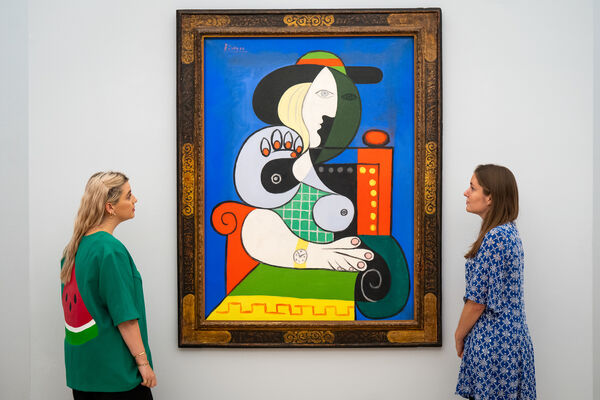 Pablo Picasso's 1932 masterpiece Femme à la montre on display at Sotheby's in London, as it goes on show for the first time ever in Europe. Estimated in excess of US 120m and offered by one of the greatest patrons and collectors, Emily Fisher Landau, it is one of most valuable works ever to be offered for sale. Picture date: Friday October 6, 2023. Pablo Picasso's 1932 masterpiece Femme à la montre on display at Sotheby's in London, as it goes on show for the first time ever in Europe. Estimated in excess of US 120m and offered by one of the greatest patrons and collectors, Emily Fisher Landau, it is one of most valuable works ever to be offered for sale. Picture date: Friday October 6, 2023.