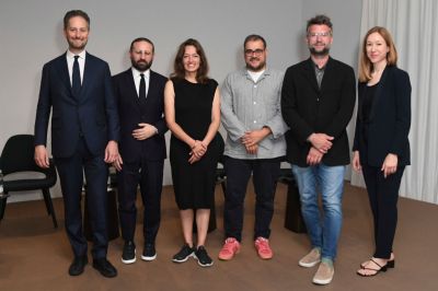 BASEL, SWITZERLAND - JUNE 13: (L-R) Noah Horowitz, Vincenzo De Bellis, Filipa Ramos, Giovanni Carmine, Samuel Leuenberger and guest attend the Art Basel 2023 press preview at Messe Basel on June 13, 2023 in Basel, Switzerland. (Photo by David M. Benett/Jed Cullen/Dave Benett/Getty Images)
