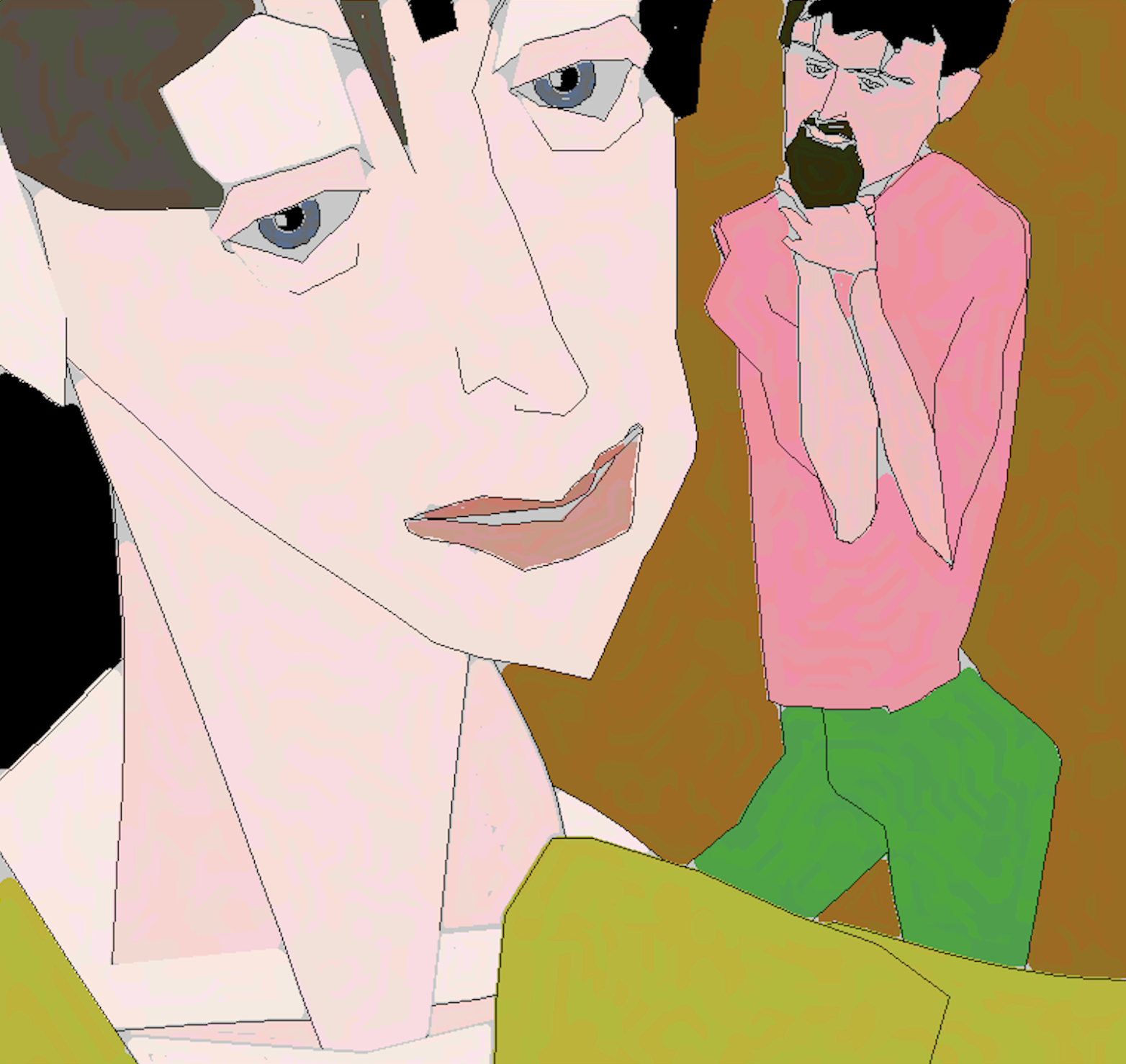 Digital drawing of woman's face with man standing in background