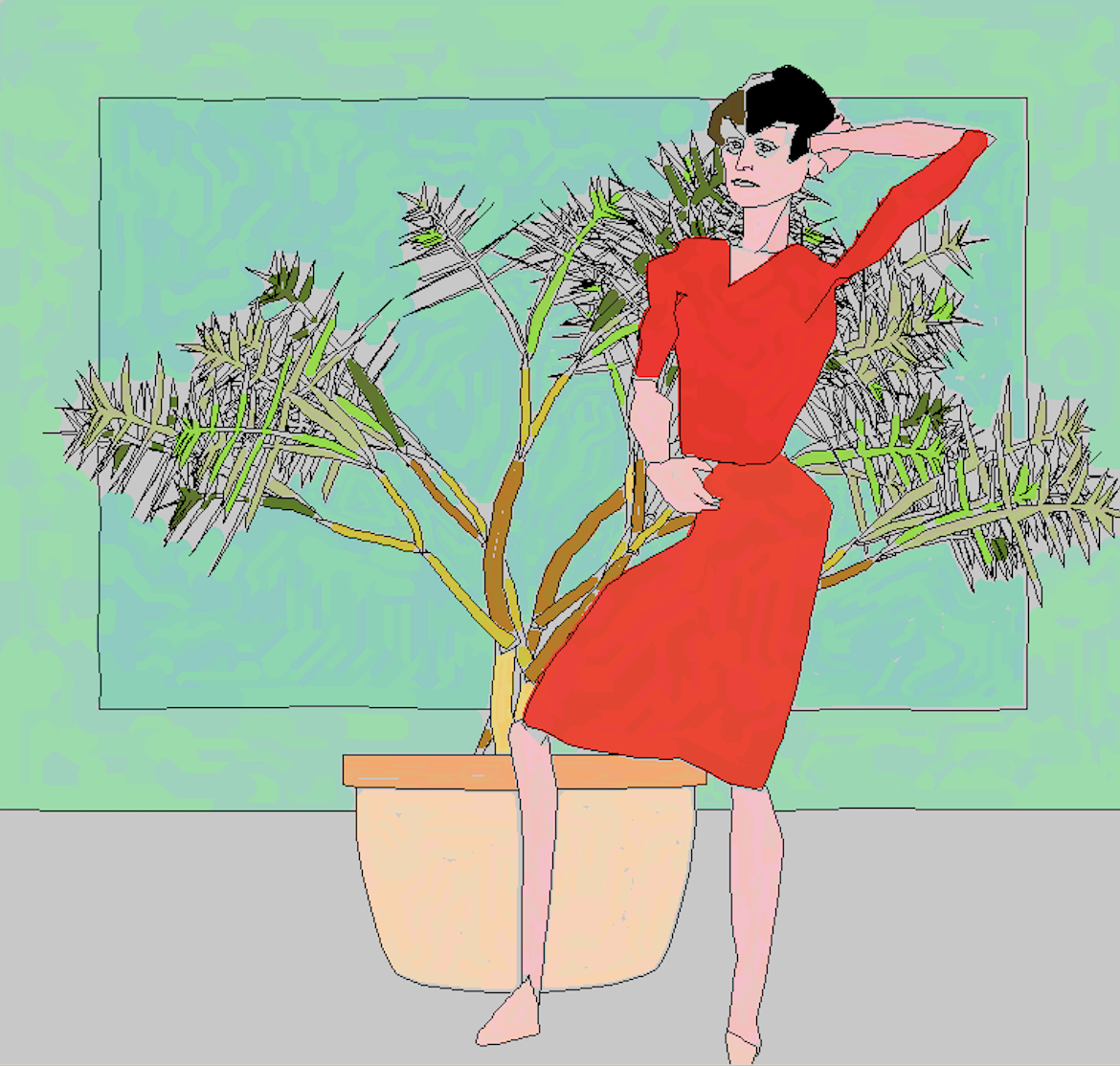 Digital drawing of woman in red dress standing besides plant