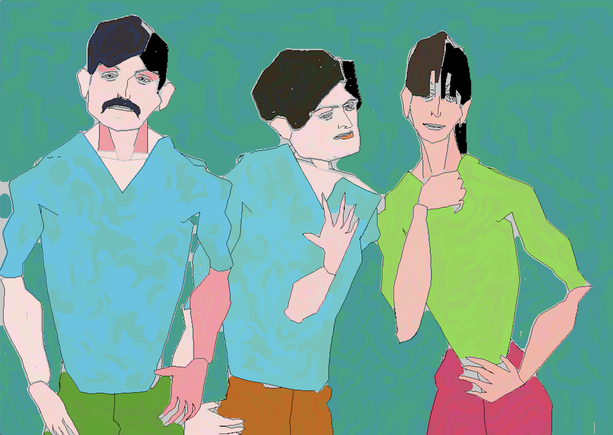 Digital drawing of three people against blue background