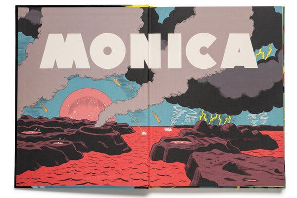 The frontispiece of “ Monica,” by Daniel Clowes, shows a primordial landscape with blood-red seas and low-lying volcanic islands spewing smoke into a lightning-filled sky.
