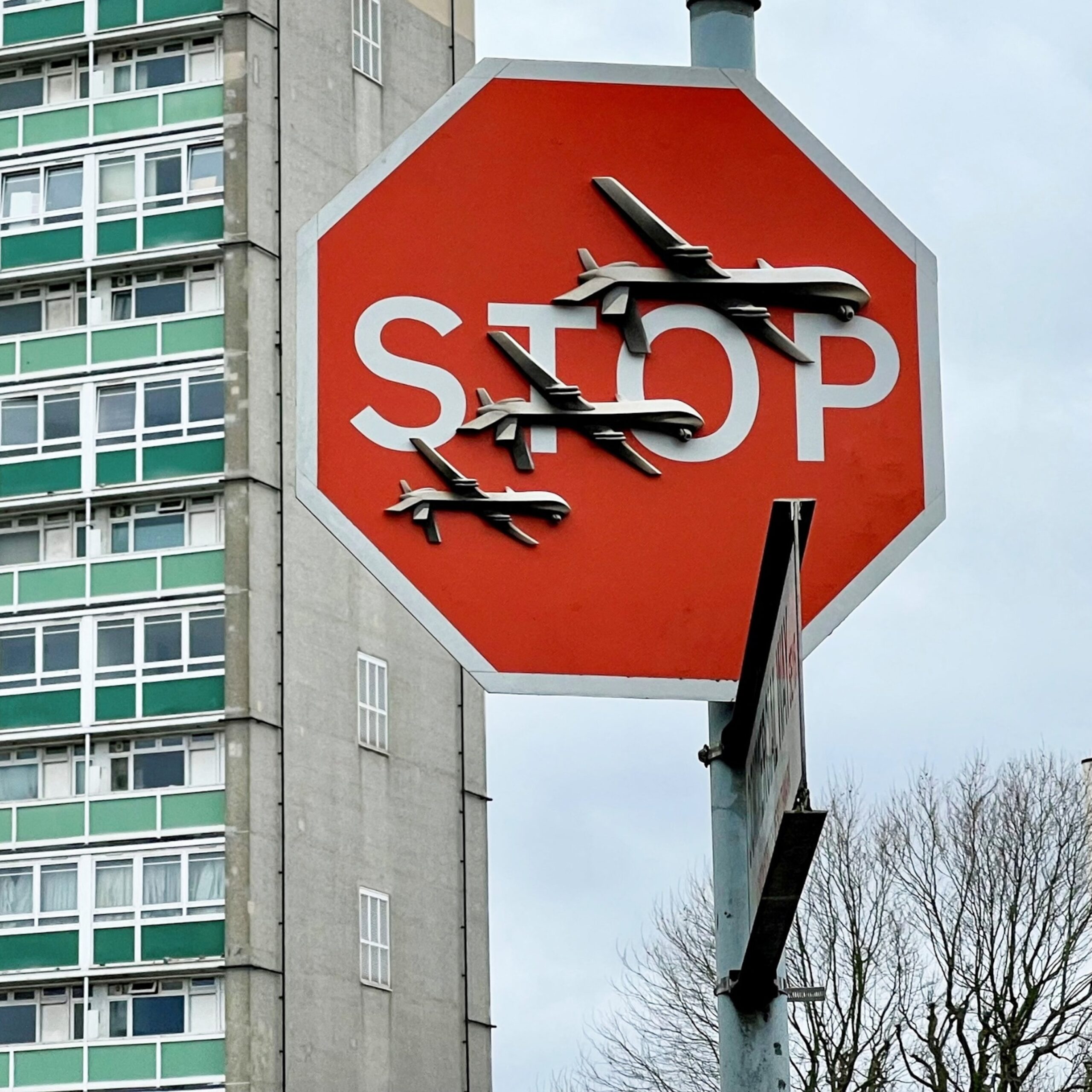 PHOTO: Banksy artwork depicting drones covers a stop sign in London, on Dec. 22, 2023, in this picture obtained from social media.