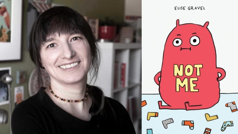On the left the author smiles at the camera. On the right a book jacket with a monster sitting amongst lots of socks on the floor. 