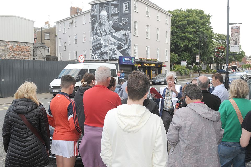 A group listening to tour guide, Liam Gaynor at the Dundalk SEEK Urban Arts Festival. Photo: Aidan Dullaghan/Newspics