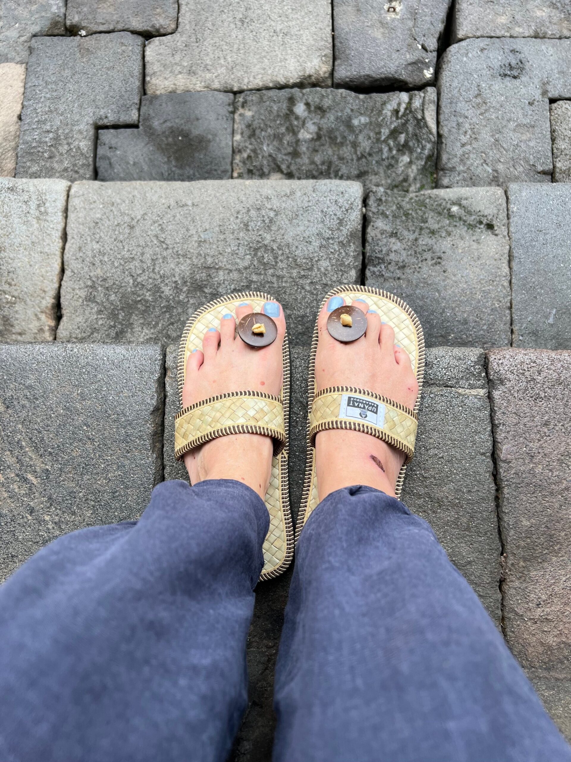 Bamboo slippers help protect the temple. Photo: Penny Watson