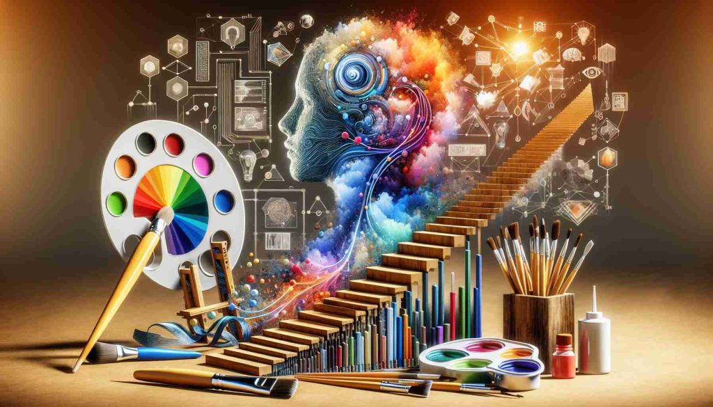 Create a realistic, detailed, and high-definition image that symbolizes the rise of AI-generated art. The image could include components of machine learning and show how it interacts with the world of art to generate creative pieces. Elements such as brush strokes, colour palettes, and digital algorithms could all be included. Also consider incorporating symbolic elements that suggest the rise in prominence of this technology - such as an upward trajectory or ascendant stairs.