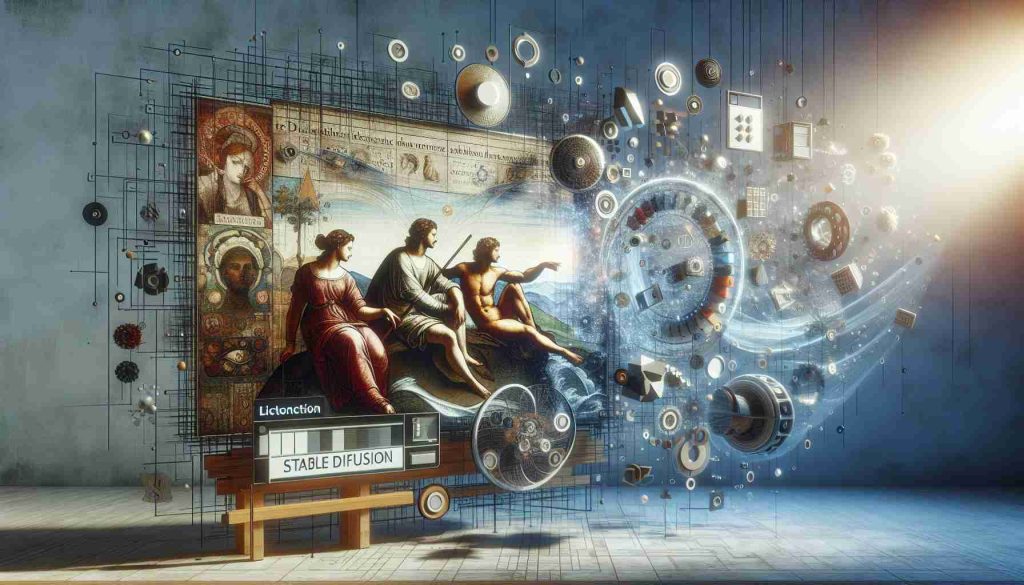 A high-definition, realistic representation of the concept 'The Renaissance of Digital Art'. This scene should illustrate an avant-garde mix of traditional Renaissance characteristics with modern digital elements. Consider showcasing an interface symbolizing 'Stable Diffusion's' latest UI emulating elements of creativity, innovation and rebirth commonly associated with the Renaissance period. Remember to infuse detail and richness, two key attributes of Renaissance works, into the depiction of this digital art renaissance.