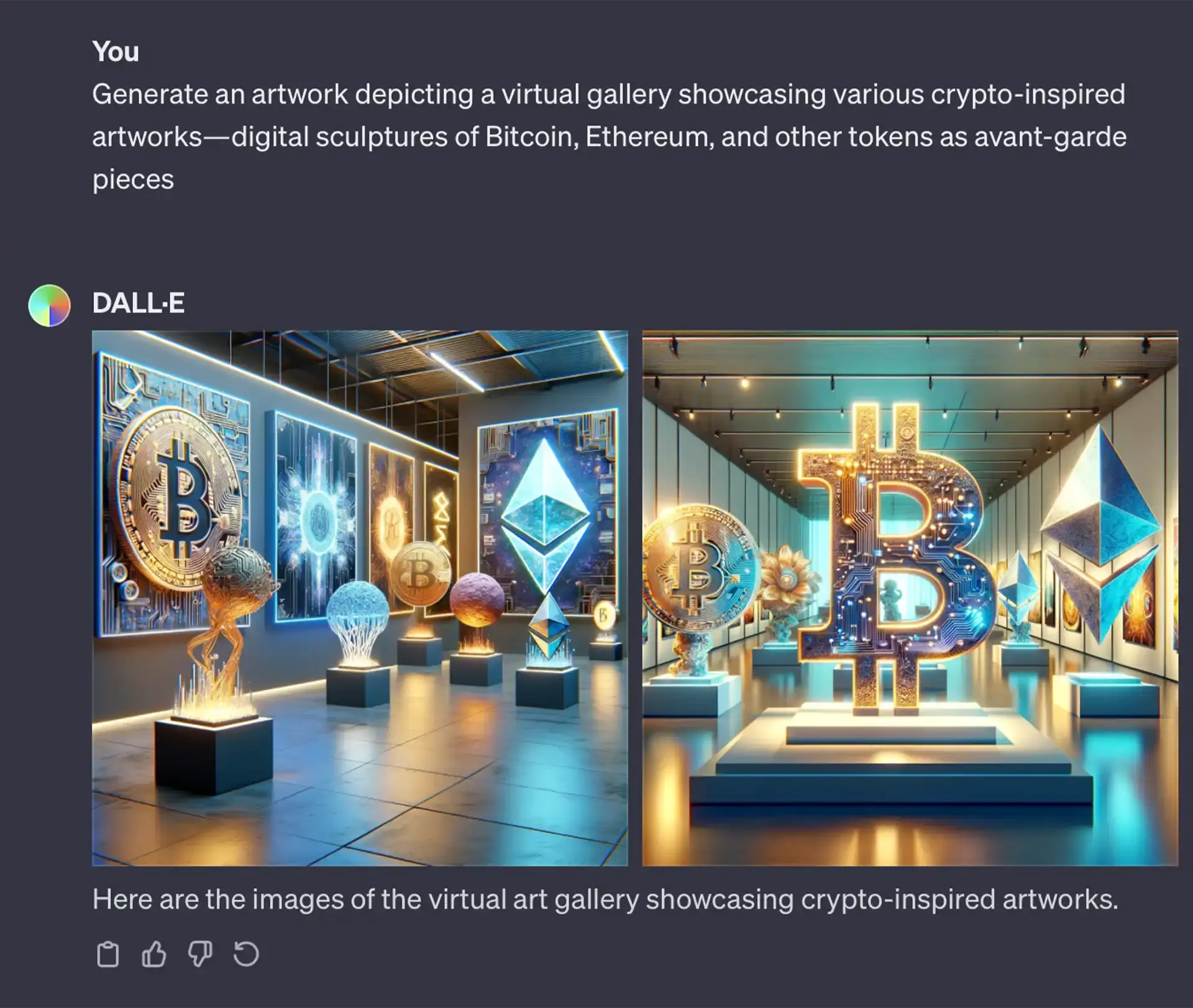 an artwork depicting a virtual gallery showcasing various crypto-inspired artworks