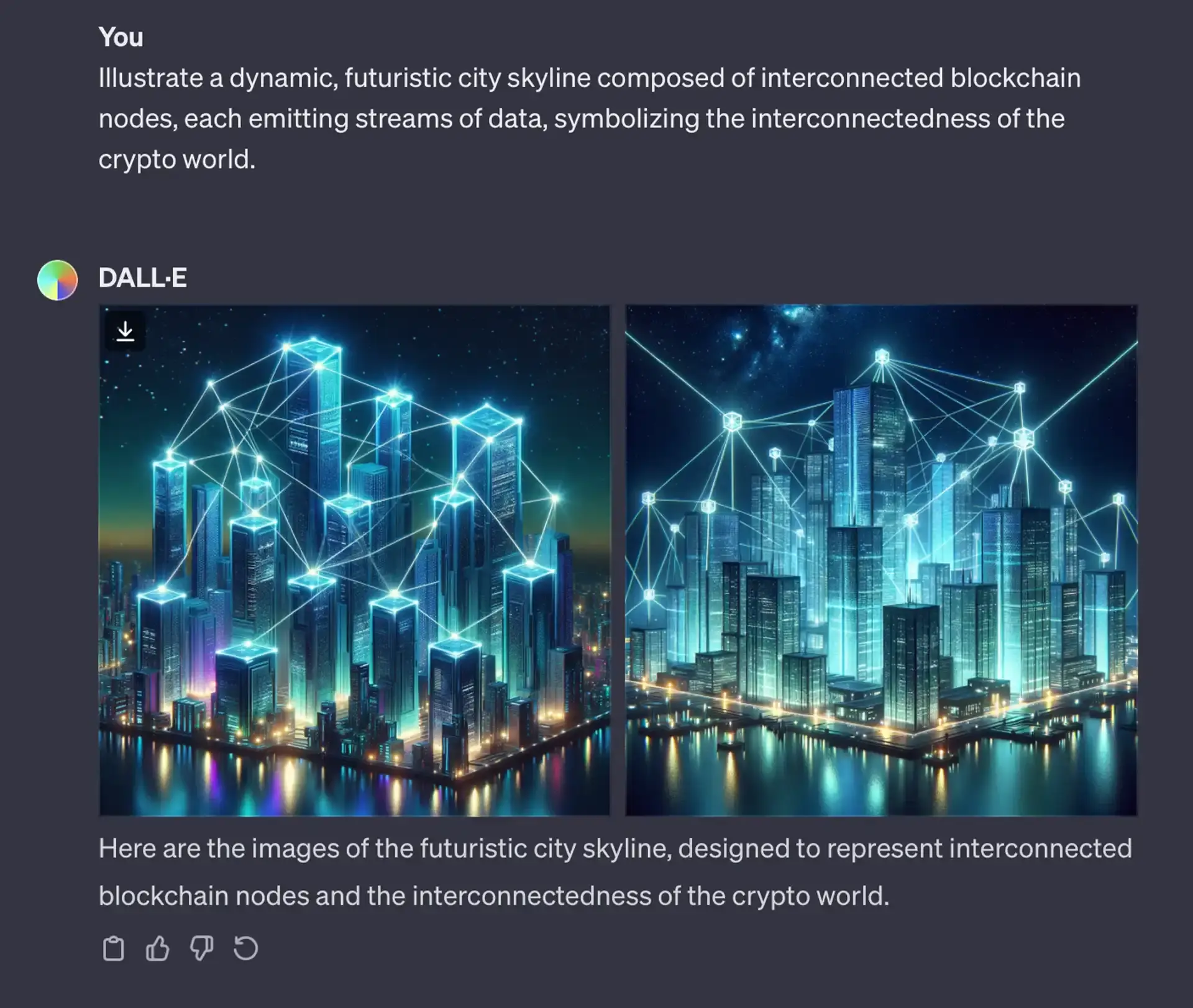 Futuristic city skyline composed of interconnected blockchain nodes. | Credit: DALL-E