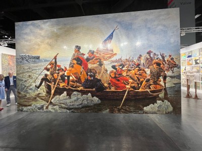 A massive image of the classic painting of George Washington crossing the Delaware river made up of Legos.
