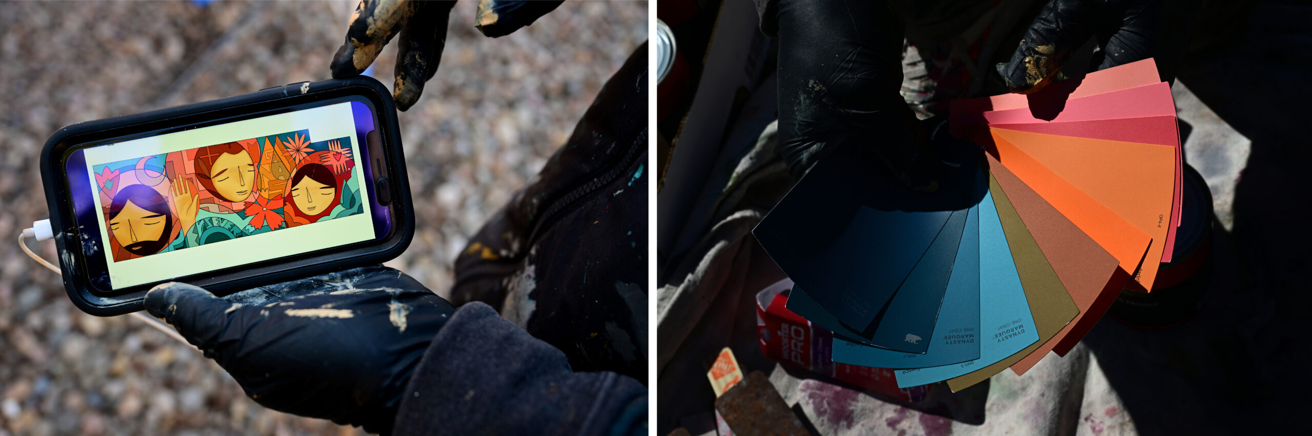 LEFT: Muralist Jaime Molina looks at his phone for reference to use while he paints his mural project for Novo Legal Group in Denver on March 9, 2023. RIGHT: Muralist Jaime Molina looks at his color palette for the mural project. (Photo by Helen H. Richardson/The Denver Post)