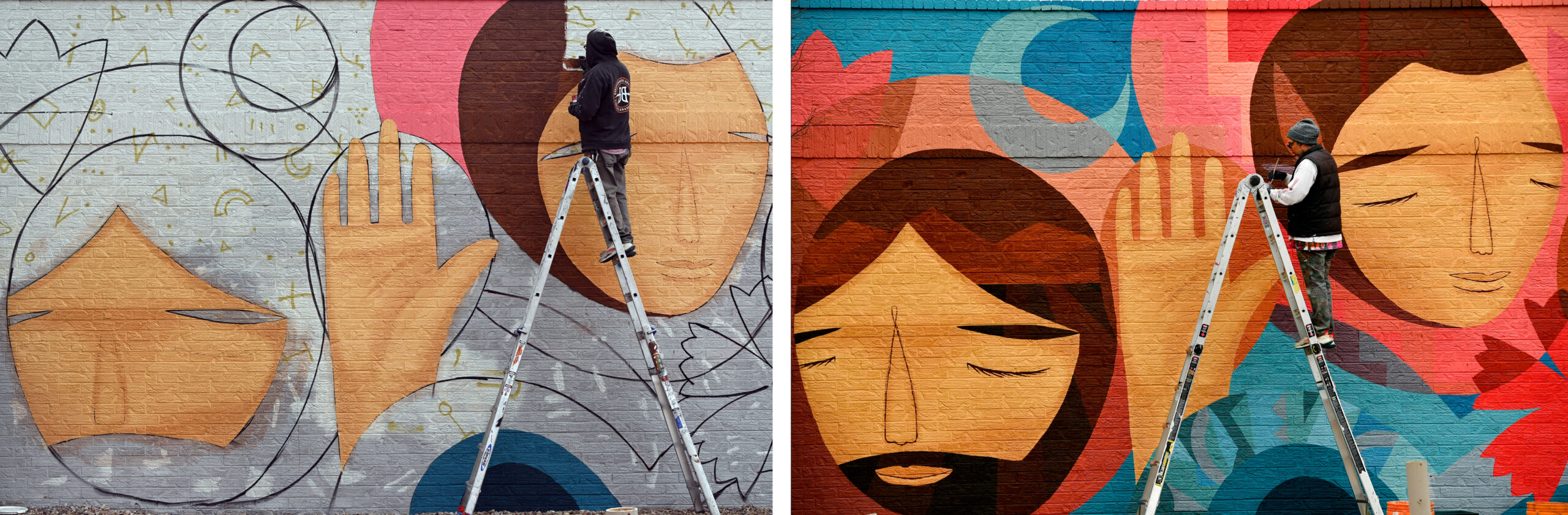 LEFT: Muralist Jaime Molina works on his mural project for Novo Legal Group at 4280 Morrison Road in Denver on March 10, 2023. RIGHT: Muralist Jaime Molina puts the finishing touches on the mural project on March 15. (Photos by Helen H. Richardson/The Denver Post)