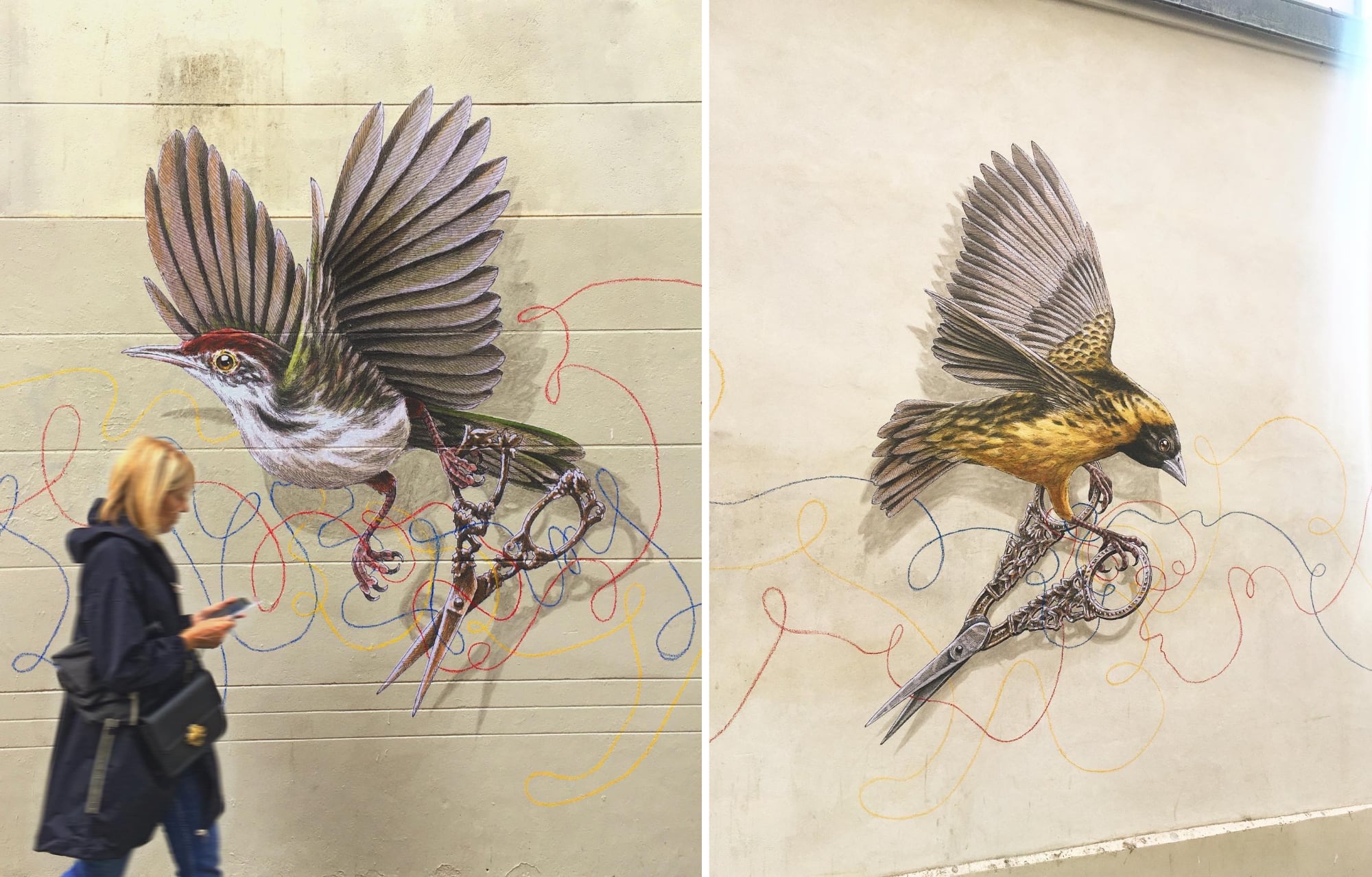left: a bird with a scissors and surrounded by red and blue string flies on a wall with a woman dressed in black passing in front. right: a bird with a scissors and surrounded by red and blue string flies on a wall