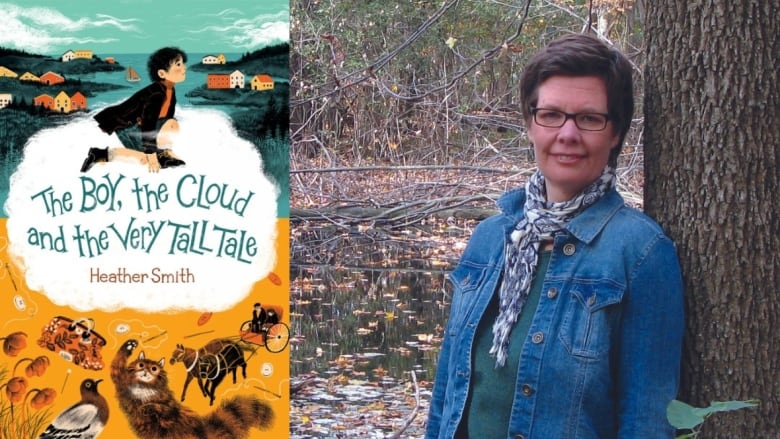 On the left a book cover shows illustrations of a boy kneeling on a cloud while looking up, with the ocean and scattered houses in Newfoundland in the background. On the right a woman wearing glasses smiles at the camera.