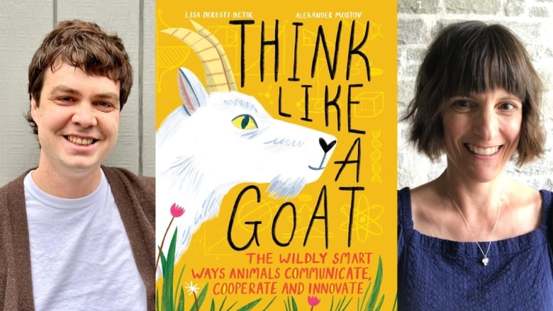 On the left a man with brown hair smiles at the camera. In the middle a book cover shows an illustration of a goat. On the right a woman with brown hair smiles at the camera.