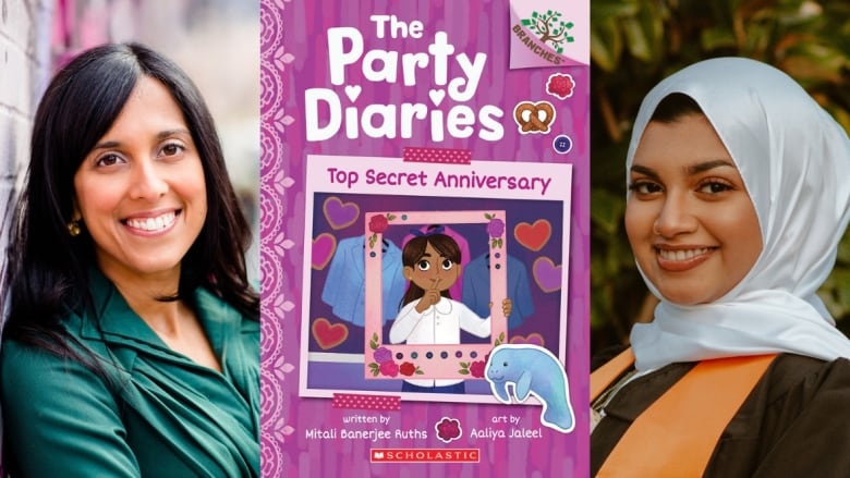 On the left a woman looks into the camera smiling. In the middle a book cover shows an illustration of a young girl holding her finger up to her lips. On the right a woman wearing a hijab smiles at the camera.