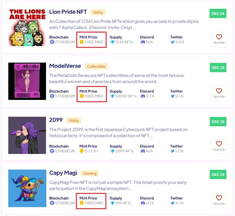 upcoming free NFT drops on NFT Drops Calendar