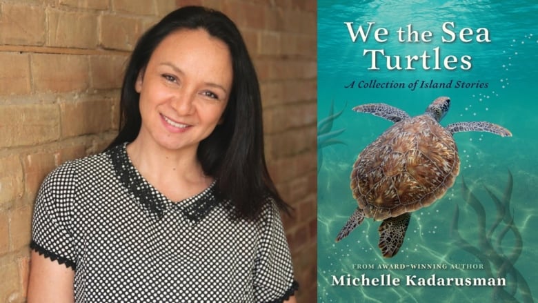 On the left a woman smiles into the camera. On the right is a book cover showing a turtle swimming underwater in the sea, with light shinning through from the surface. 