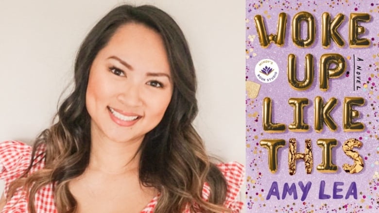 On the left the author smiles at the camera. On the right is the book jacket which has the name of the book written out in balloon letters.