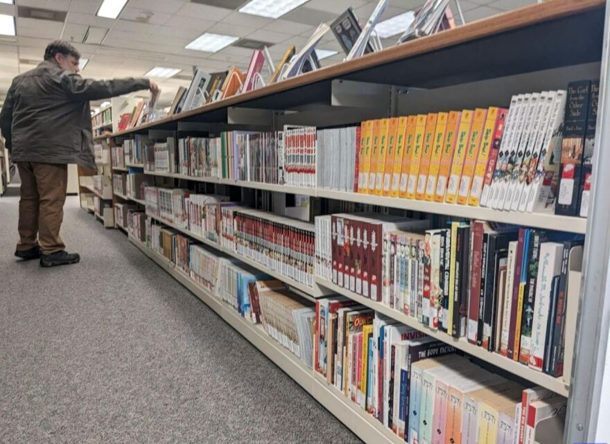 The comics and graphic novel shelf at Willis Library.