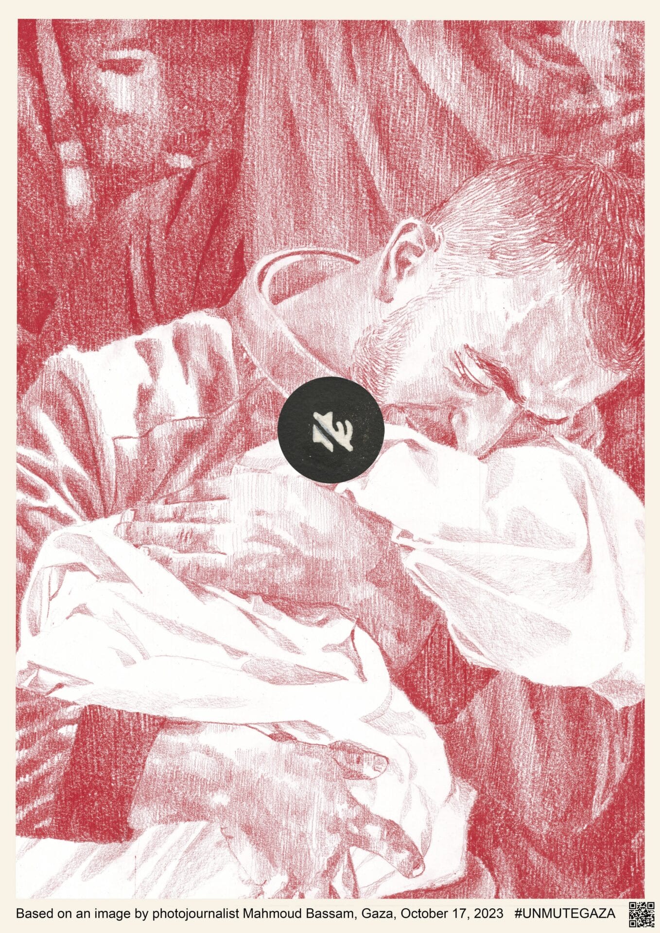 In red graphite, a man clutches onto a baby he has lost, wrapped in white cloth. A mute symbol sits in the middle of the composition. 