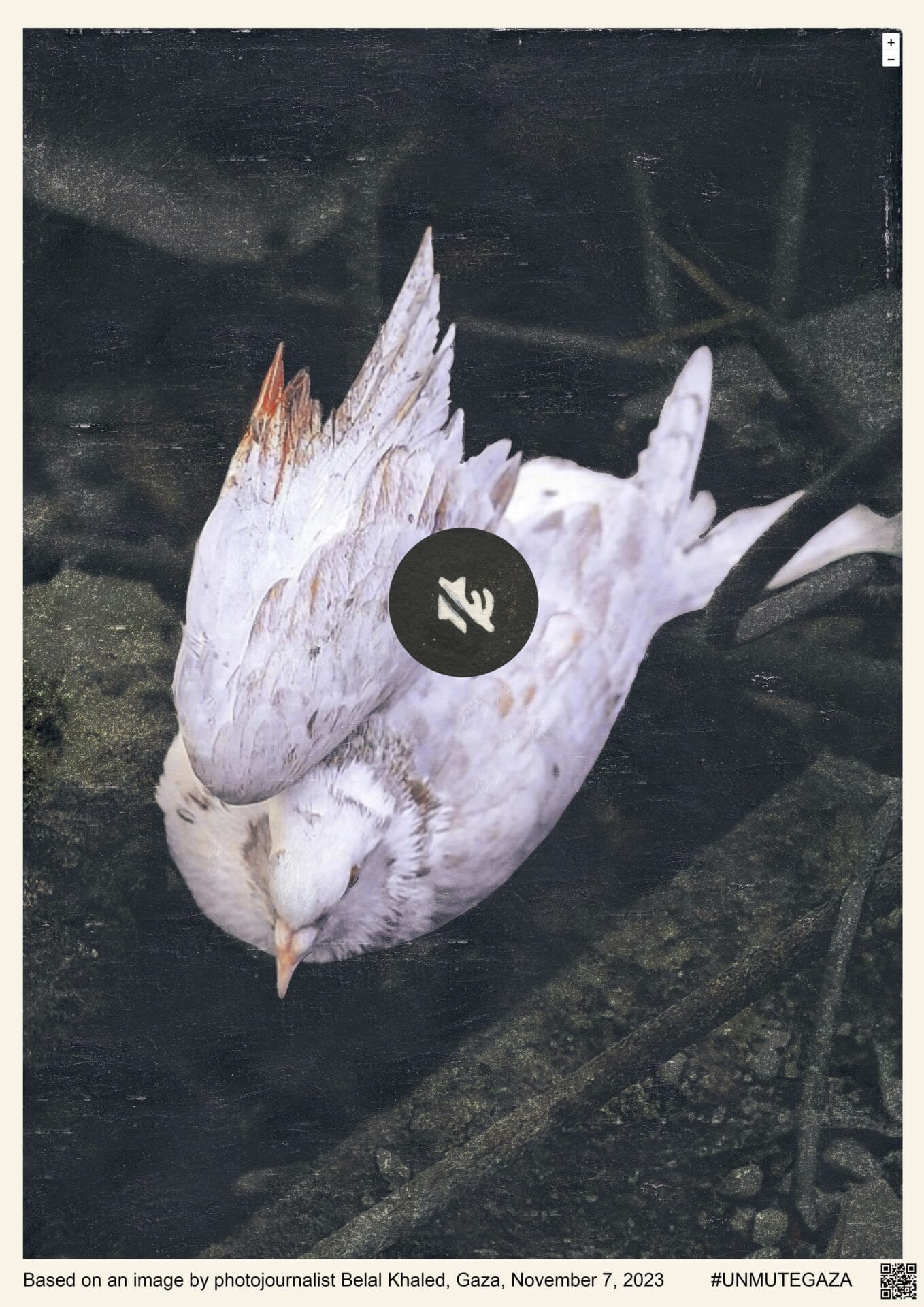 A white dove rests against a cold, dark background. A mute symbol sits in the middle of the composition. 