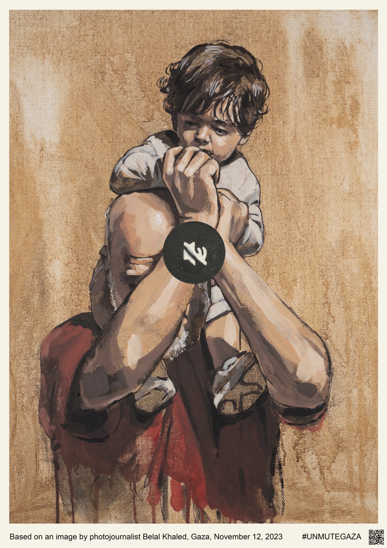 A man holds a small child on his shoulders. A mute symbol sits in the middle of the composition. 