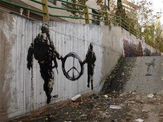 Peace not War, Street Art by MAD. Sprayed in 2011. Spray paint on wall, Iran © Mad, artist