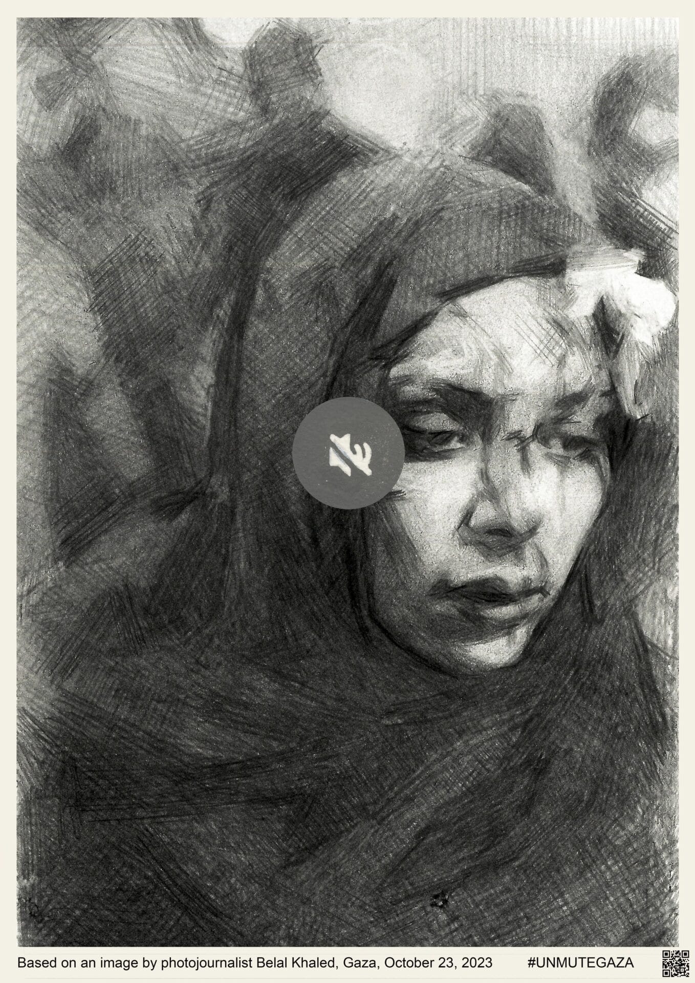 A woman in a hijab wearily looks to the right, against a dark, smoky background. A mute symbol sits in the middle of the composition. 