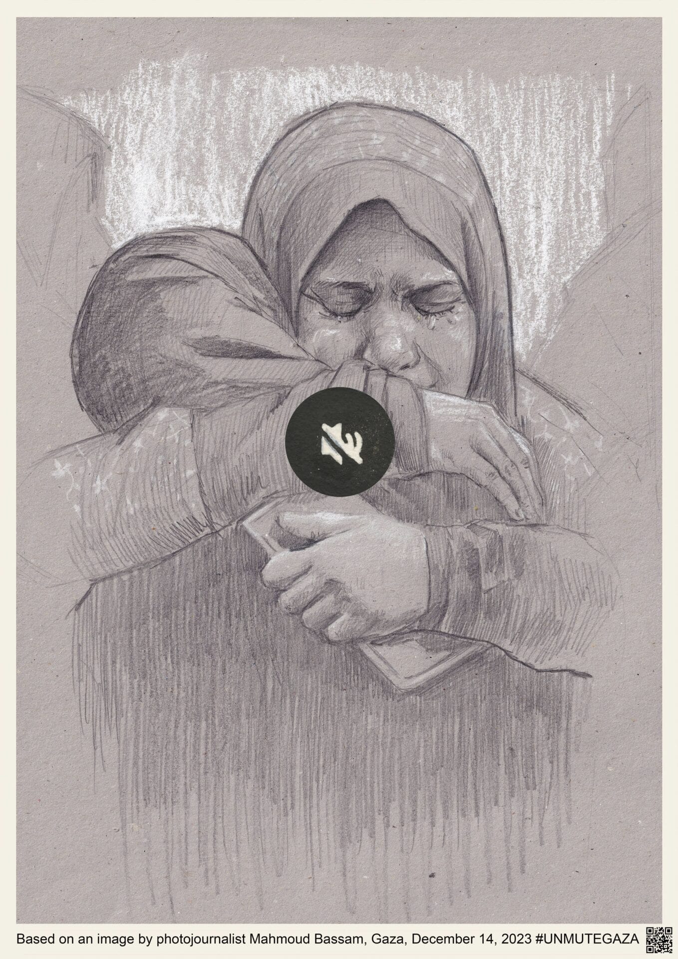 Two women in hijabs hug each other tightly. A mute symbol sits in the middle of the composition. 