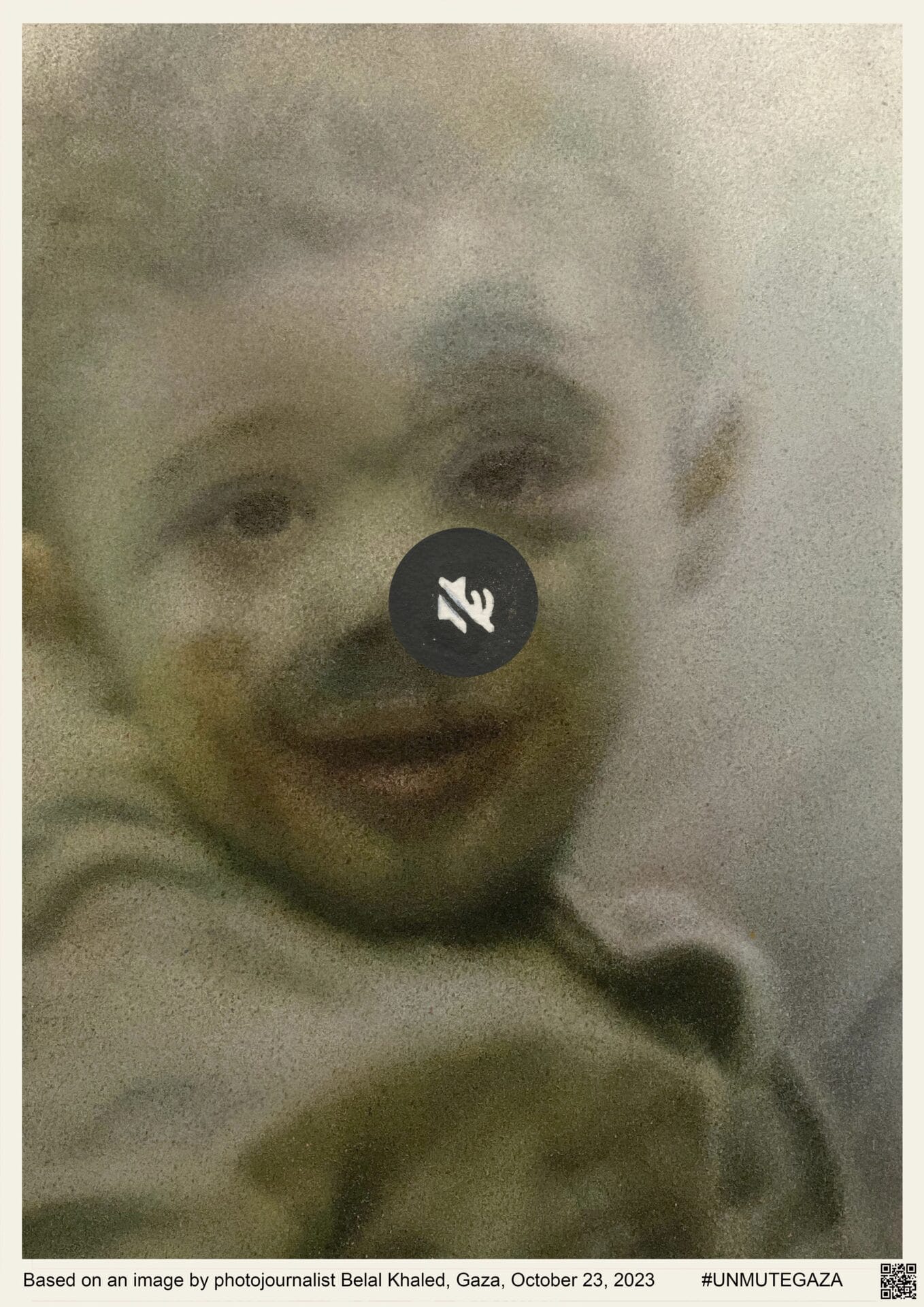 Through a blurry point of view, a child looks toward the viewer, parts of his face masked with debris. A mute symbol sits in the middle of the composition. 