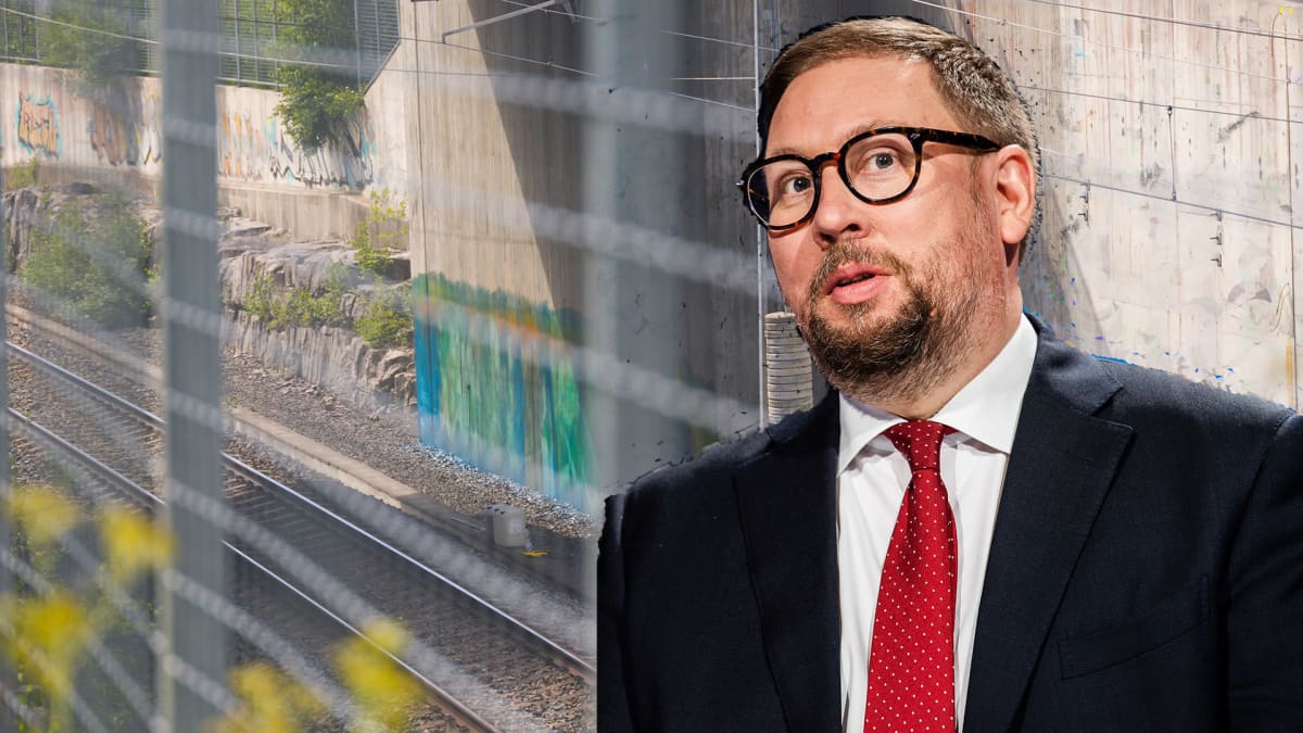 Kollage med Paavo Arhinmäki som iklädd kostym står framför en graffitimålning på en tunnelvägg.