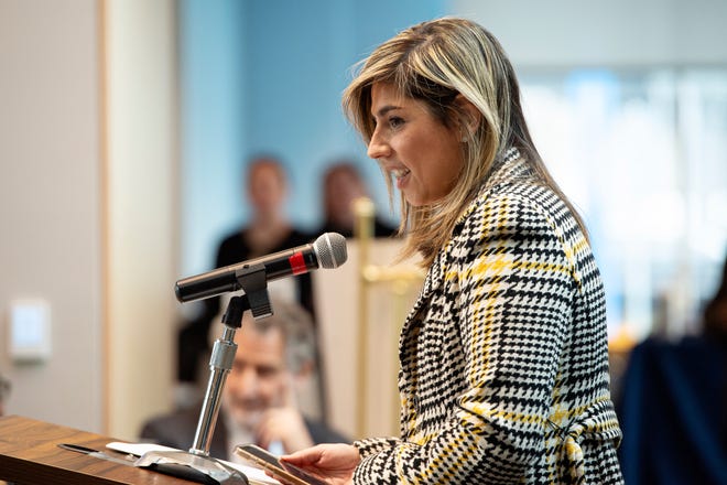 State Rep. Priscila Sousa speaks during the ribbon cutting ceremony for the Center for Health Sciences, Early Childhood and Human Services at MassBay Community College on Franklin Street in Framingham, Jan. 30, 2024.