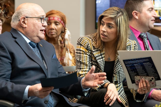 Framingham Mayor Charlie Sisitsky talks with State Rep. Priscila Sousa before the start of the ribbon cutting ceremony for the Center for Health Sciences, Early Childhood and Human Services at MassBay Community College on Franklin Street in Framingham, Jan. 30, 2024.