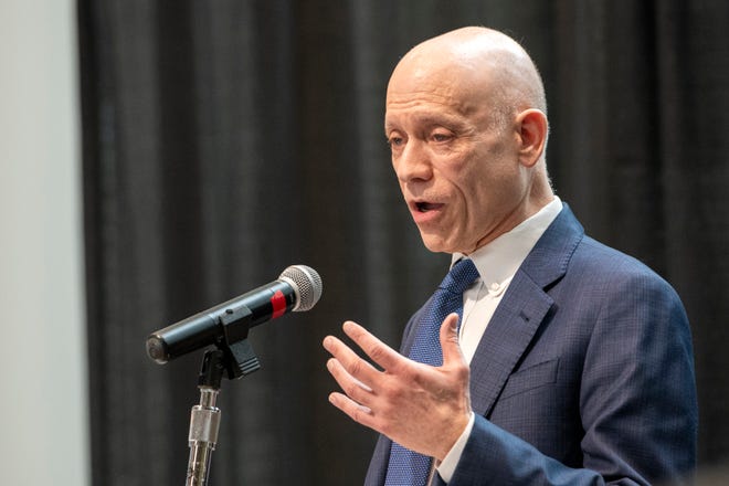 MassBay Community College President David Podell welcomes those in attendance to the ribbon cutting ceremony for the Center for Health Sciences, Early Childhood and Human Services at MassBay Community College on Franklin Street in Framingham, Jan. 30, 2024.
