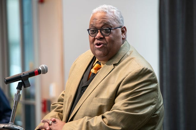 Rev. Dr. J. Anthony Lloyd, pastor of the Greater Framingham Community Church, delivers the Invocation during the ribbon cutting ceremony for the Center for Health Sciences, Early Childhood and Human Services at MassBay Community College on Franklin Street in Framingham, Jan. 30, 2024.