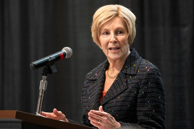 Diane Schmalensee, chair of the MassBay Board of Trustees, delivers her remarks during the ribbon cutting ceremony for the Center for Health Sciences, Early Childhood and Human Services at MassBay Community College on Franklin Street in Framingham, Jan. 30, 2024.