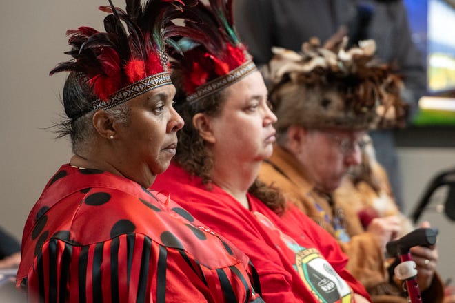 Croatan Tribe Chief Ladybug listens to remarks during the ribbon cutting ceremony for the Center for Health Sciences, Early Childhood and Human Services at MassBay Community College on Franklin Street in Framingham, Jan. 30, 2024.