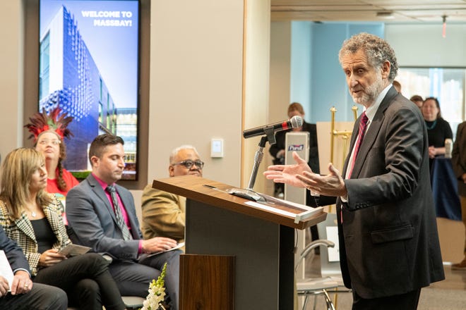 Metrowest Health Foundation CEO Martin Cohen speaks during the ribbon cutting ceremony for the Center for Health Sciences, Early Childhood and Human Services at MassBay Community College on Franklin Street in Framingham, Jan. 30, 2024.