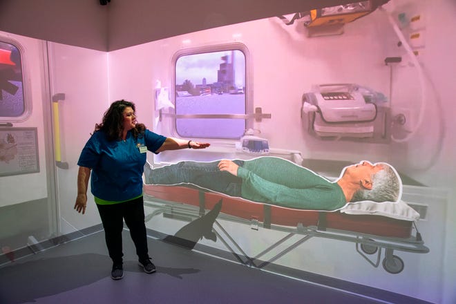 Instructor Kristina Carreño explains how a simulator works during a tour of the newly-opened Center for Health Sciences, Early Childhood and Human Services at MassBay Community College on Franklin Street in Framingham, Jan. 30, 2024.