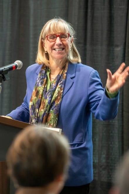 Senate President Karen Spilka tells Gov. Healey she can come back to Framingham anytime she wishes, during the ribbon cutting ceremony for the Center for Health Sciences, Early Childhood and Human Services at MassBay Community College on Franklin Street in Framingham, Jan. 30, 2024.