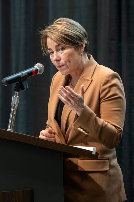 Gov. Maura Healey delivers the keynote address during the ribbon cutting ceremony for the Center for Health Sciences, Early Childhood and Human Services at MassBay Community College on Franklin Street in Framingham, Jan. 30, 2024.