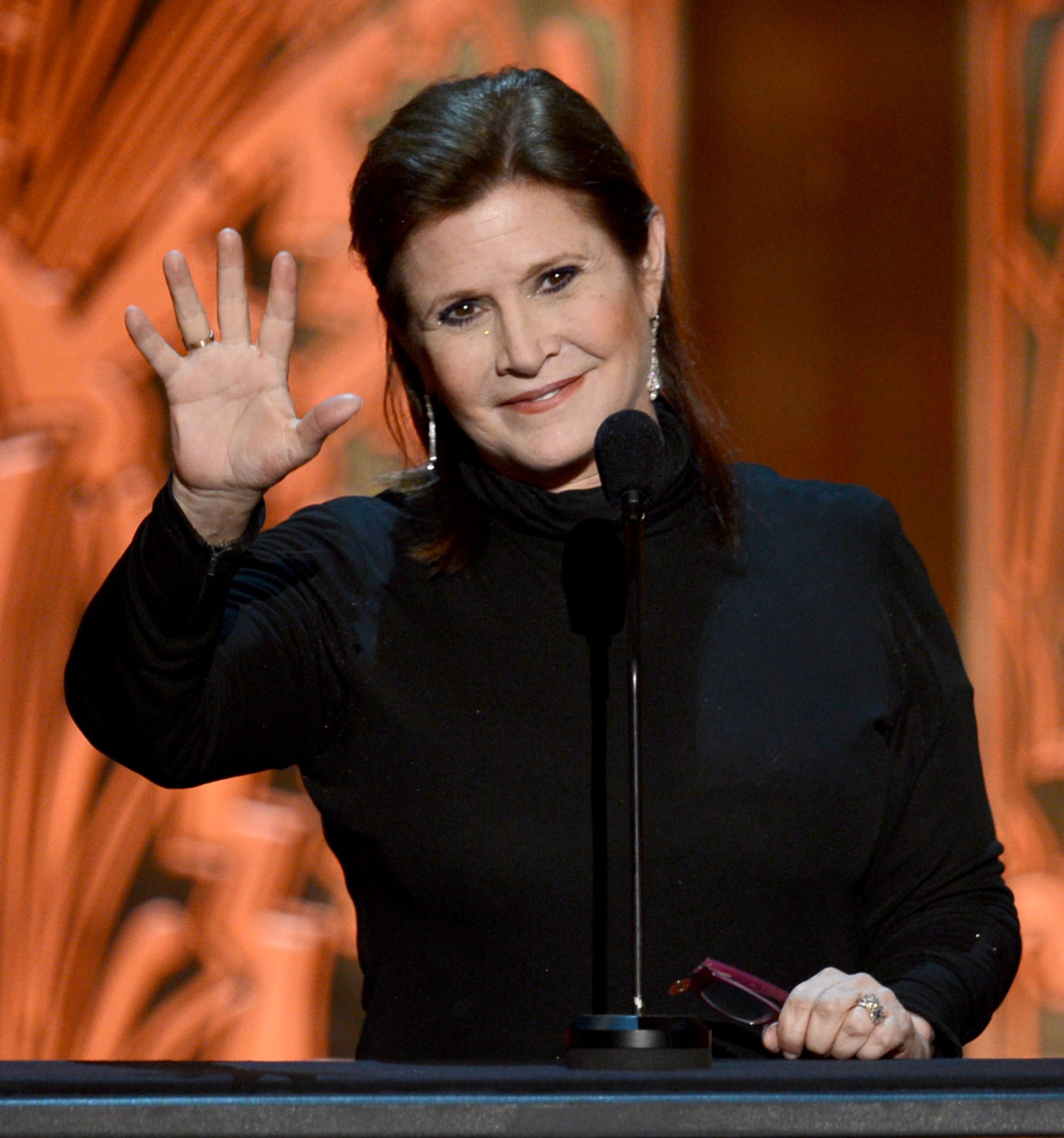 Carrie Fisher speaks at the 40th AFI Life Achievement Award honouring Shirley MacLaine held at Sony Pictures Studios on June 7, 2012 in Culver City, California. Photo: Getty Images
