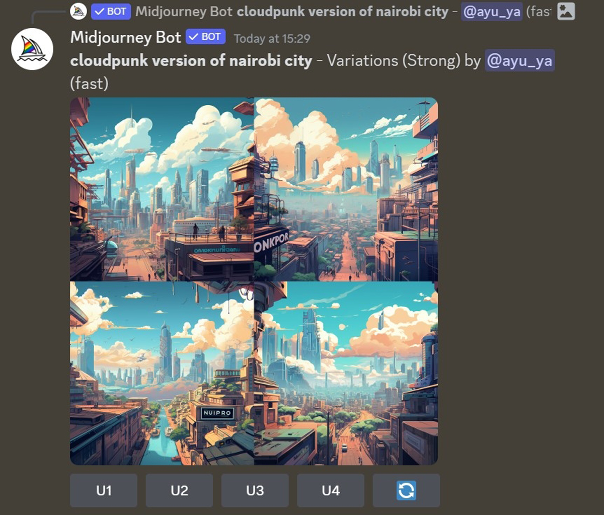 Midjourney’s representation of a cloudpunk Nairobi.