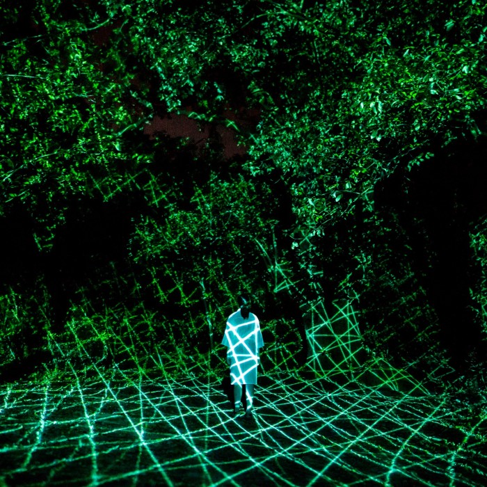Green tree-like images are projected onto the walls of a gallery as green rail lines traverse the floor